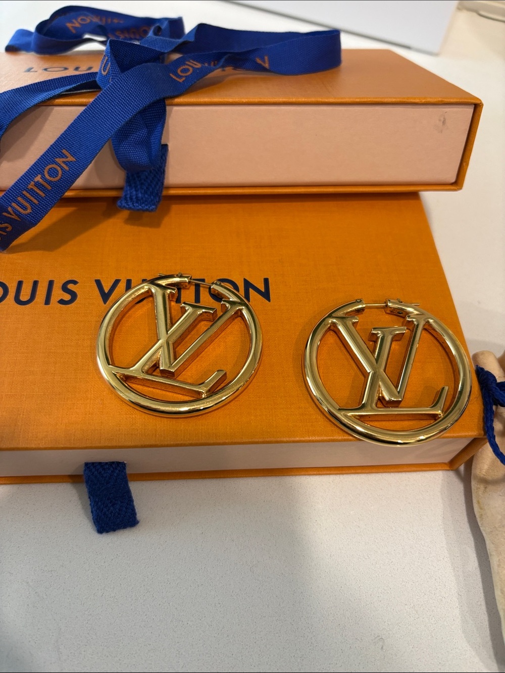 Louis Vuitton Gold Round LV Logo Louise Hoop Earrings